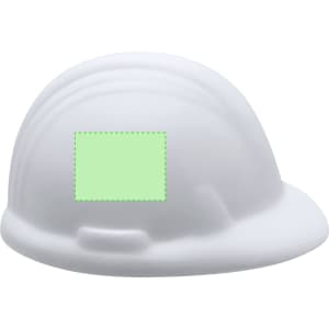 A white stress-relief helmet with a smooth surface and a textured band, featuring a blank area for customisation.