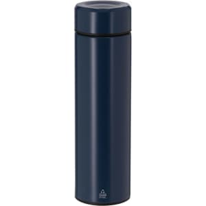 A drink bottle in dark navy blue, made of stainless steel, featuring a sleek design and a lid.