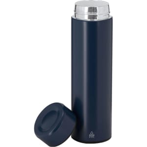 A drink bottle made of stainless steel, featuring a navy blue finish and a removable cap.
