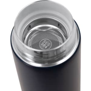 A drink bottle featuring a stainless steel interior, black exterior, and a mesh filter at the opening.