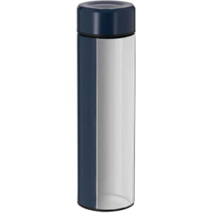 A drink bottle featuring a sleek navy blue lid and a transparent body, showcasing a modern design and a logo.