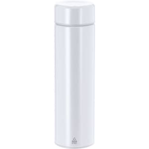 A white vacuum flask with a sleek design and a lid. It features a logo at the bottom.