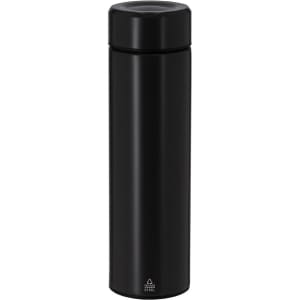 A drink bottle in sleek black, featuring a cylindrical design and a lid. It includes a logo on the body.
