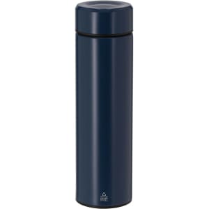 A drink bottle in navy blue, featuring a sleek design and a lid. Includes a logo on the surface.