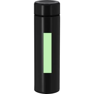 A drink bottle in black with a green rectangular section and a secure lid. Features a logo on the side.