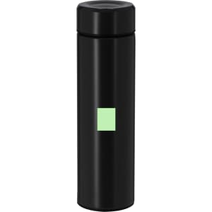 A drink bottle in black with a simple green square logo. It is a sleek, insulated vacuum flask design.