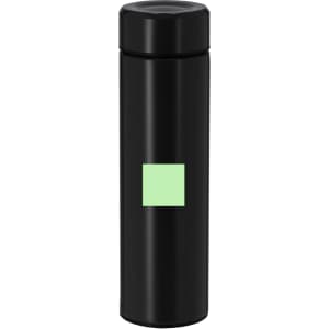 A drink bottle with a sleek black design and a green square logo. It's a vacuum flask ideal for keeping beverages hot or cold.