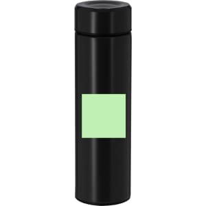 A drink bottle in sleek black with a mint green label area, designed for thermal insulation.