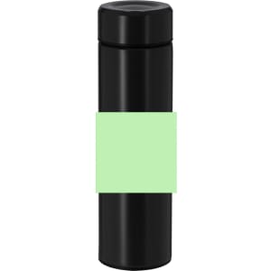 A drink bottle in black with a green label, designed as a thermos for holding beverages.