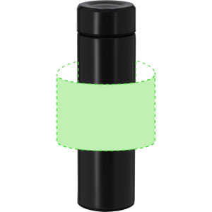 A drink bottle in sleek black, featuring a cylindrical design and a branding logo.