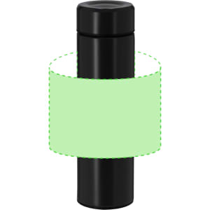 A drink bottle in black, featuring a sleek design and an attached lid. It has a branding logo on the surface.