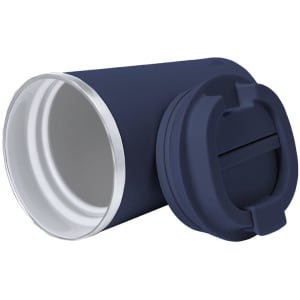 A dark navy insulated travel mug with a silver interior and a removable lid featuring a drinking spout.