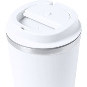 A white insulated cup with a silver rim and a flip-top lid, featuring a logo.