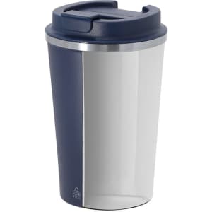 A drink bottle featuring a navy blue body and stainless steel accents, with a secure lid and logo.