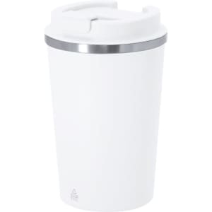 A white insulated travel mug with a silver band around the top and a lid. Features a logo.