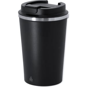 A drink bottle in matte black stainless steel with a silver rim and a black lid. Features a logo on the base.