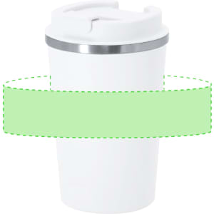 A white insulated cup with a silver band and a lid, featuring a logo. Perfect for on-the-go beverages.
