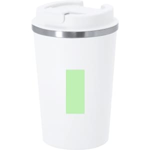 A drink bottle featuring a white outer body, a stainless steel band, and a mint green accent. It has a lid and a logo.