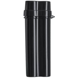 A black tobacco case with a sleek, cylindrical design and a secure lid, featuring a logo.