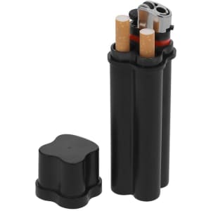 A black tobacco case featuring two compartments for cigarettes and a built-in lighter.