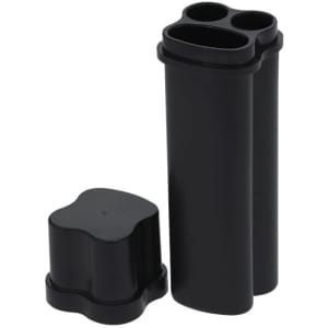 A black tobacco case with a lid, featuring three compartments for storage. It has a smooth, cylindrical design.