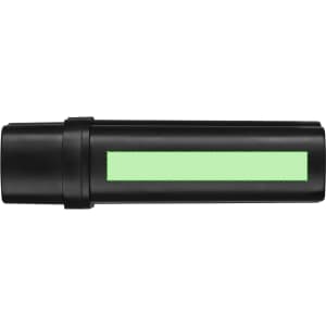 A black tobacco case with a green accent strip. The case has a sleek, cylindrical design and a branded logo.