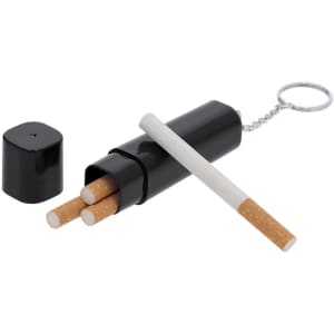A black keyring tobacco case with a cylindrical container and a removable cap, holding three faux cigarettes.