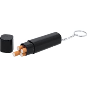 A black keyring tobacco case with a cap, holding several rolled cigarettes inside.