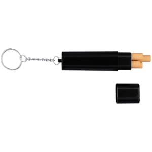 A black keyring tobacco case with a silver chain, holding several cylindrical items inside.