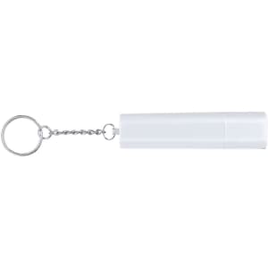 A white keyring tobacco case with a silver chain and keyring attachment.