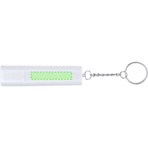 A white keyring tobacco case with a silver chain and circular keyring attachment. It features a green dotted outline.