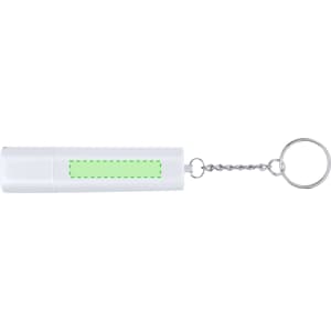 A white keyring tobacco case with a chain attachment and a blank area for customisation.
