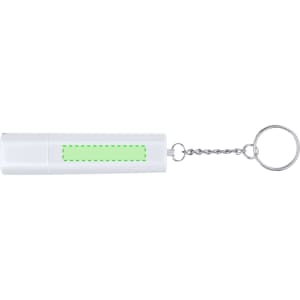A white keyring tobacco case featuring a chain attached to a circular keyring. It has a plain section for branding.