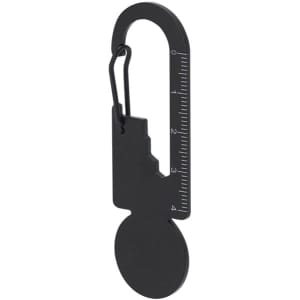 A black multitool featuring a carabiner clip and measurement markings, designed for convenient carrying and use.