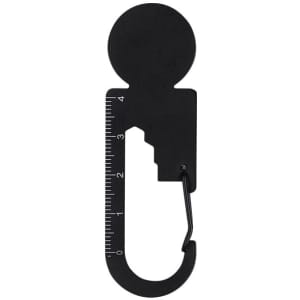 A black multitool featuring a ruler and a carabiner clip, designed for various practical uses.