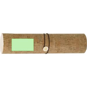 A cork-textured tube with a green label and a brown elastic band securing it. It features a button for closure.