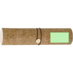 A cork-textured roll-up case with a leather strap, featuring a blank area for branding.