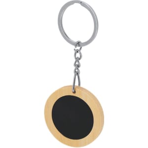 A round keyring made of bamboo with a black centre and a metal keychain attachment.