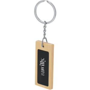 A wooden keyring with a silver metal ring, featuring a black rectangular panel and a logo.