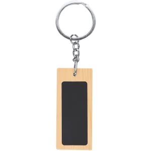 A wooden keyring featuring a black rectangular chalkboard surface and a metal loop attachment.