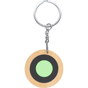A circular keyring featuring a bamboo design with a black and light green centre. It has a metal keychain attachment.