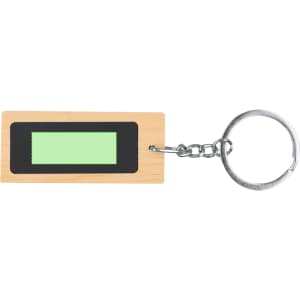 A bamboo keyring with a black rectangular area and a silver chain attachment.