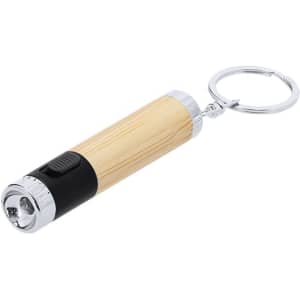 A torch keyring with a wooden texture and silver accents, featuring a keyring attachment.