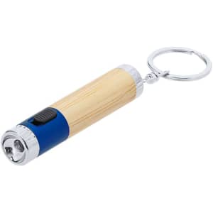 A blue and natural wood keyring torch with a silver metal end and a keychain attachment.