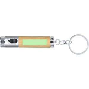 A keyring torch featuring a silver and bamboo design, complete with a keyring attachment.