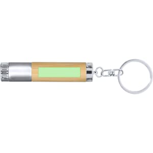 A bamboo and silver torch keyring with a metal keychain attachment, featuring a smooth surface.