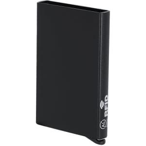 A black RFID-blocking business card holder with a sleek, minimalist design and a logo on the side.