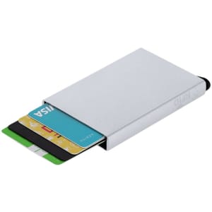 A metallic silver card holder featuring multiple stacked business cards, with a sleek design and a logo.
