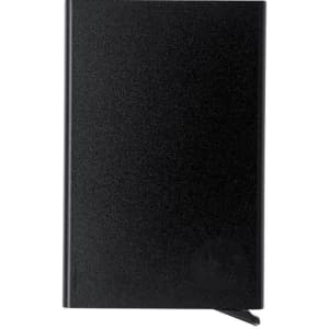 A black business card holder with a sleek finish and an interior for storing cards, featuring a logo.