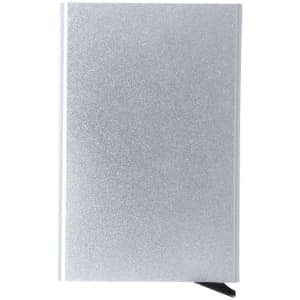 A silver glittery card holder with a black accent, featuring a logo on the front.
